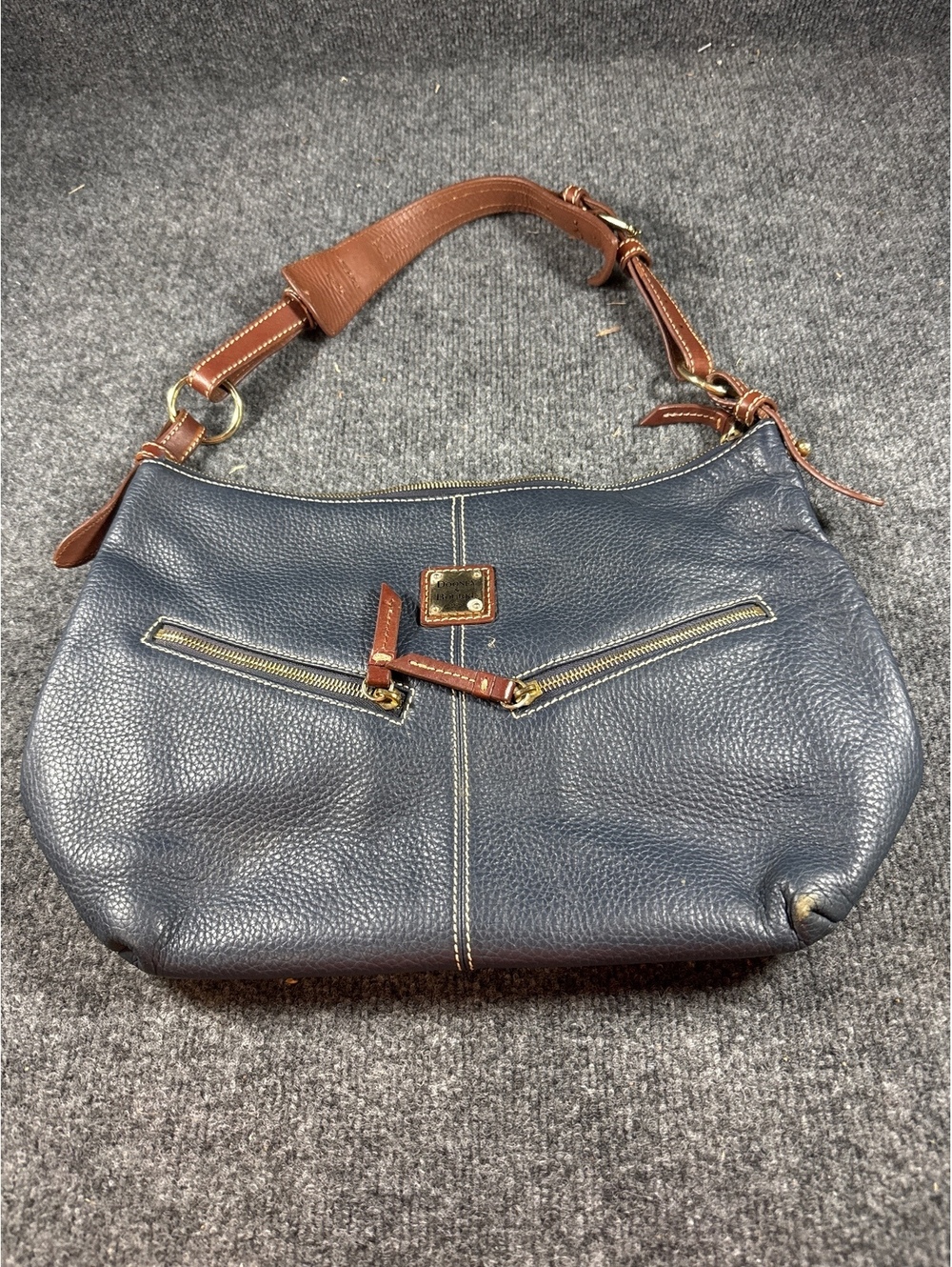 Dooney & Bourke Navy Pebbled Leather Shoulder Bag Brown Trim Zip Pocket Purse